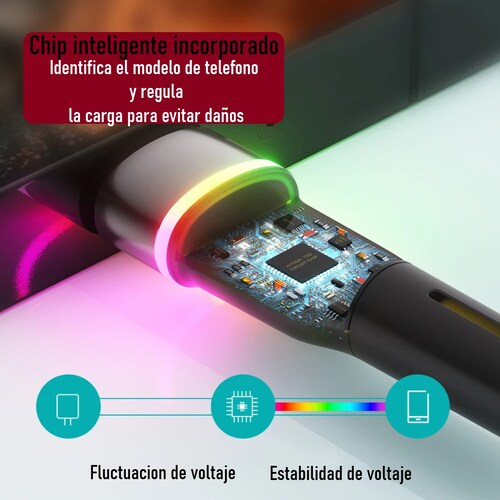 Cable USB tipo C carga rápida datos teléfono 3A 1m tela uso rudo led luz RGB ultra rápido datos