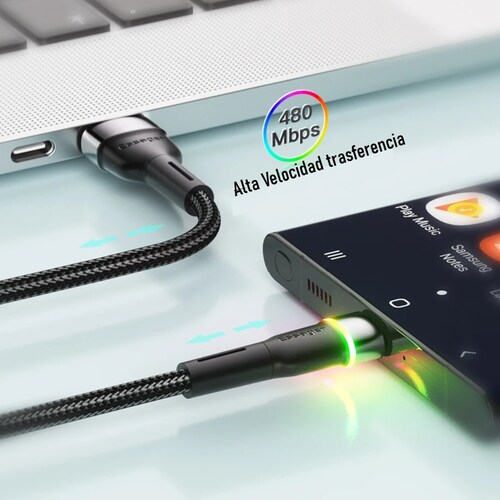 Cable USB tipo C carga rápida datos teléfono 3A 1m tela uso rudo led luz RGB ultra rápido datos