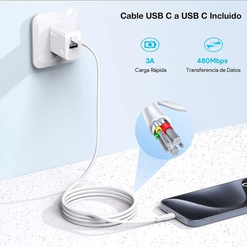Cargador 2 En 1 Carga Rápida 20w Salida Dual + Cable Tipo C Compatible Con Samsung/motorola 1hora Gar162