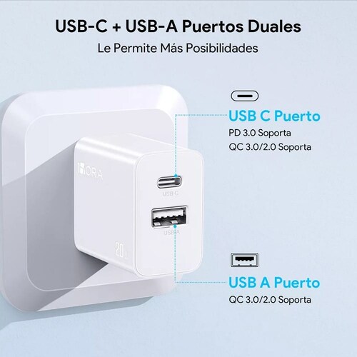 Cargador 2 En 1 Carga Rápida 20w Salida Dual + Cable Tipo C Compatible Con Samsung/motorola 1hora Gar162