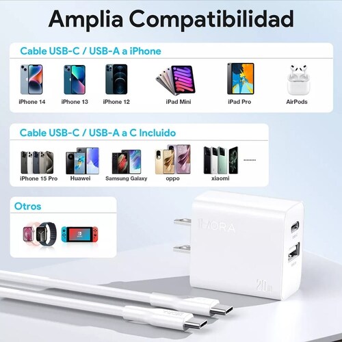 Cargador 2 En 1 Carga Rápida 20w Salida Dual + Cable Tipo C Compatible Con Samsung/motorola 1hora Gar162