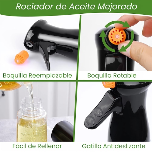 Dispensador Aceite Spray de Vidrio Hiperware de 200ml con Brocha Color Negro