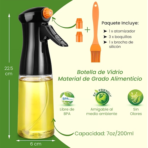 Dispensador Aceite Spray de Vidrio Hiperware de 200ml con Brocha Color Negro