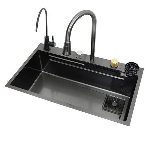 Tarja de cocina de acero inoxidable con cascada y grifo de extraible. Incluye Kit de desagüe y múltiples accesorios 80x45 cm.