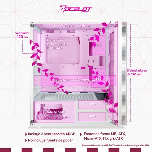 Gabinete Ocelot Gaming OC-DEMON HANAMI, E-ATX, Cristal Templado, incluye 3 Ventiladores ARGB, sin Fuente, Blanco.