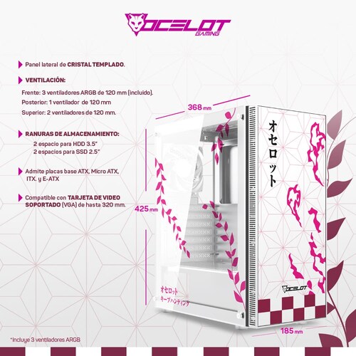 Gabinete Ocelot Gaming OC-DEMON HANAMI, E-ATX, Cristal Templado, incluye 3 Ventiladores ARGB, sin Fuente, Blanco.