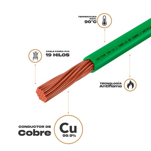 Cable Eléctrico Voltium Thw-ls / Thhw-ls, Calibre 10 Verde 100% Cobre 100m