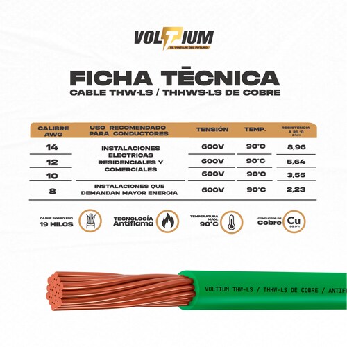 Cable Eléctrico Voltium Thw-ls / Thhw-ls, Calibre 10 Verde 100% Cobre 100m
