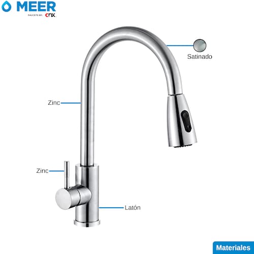 MEER Faucets by CNX | Mezcladora para Fregadero con Dos Funciones de Chorro y Cuello Retráctil (manguera de 55 cm) de Zinc y Latón Satinado