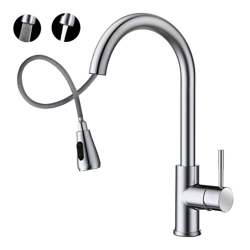 MEER Faucets by CNX | Mezcladora para Fregadero con Dos Funciones de Chorro y Cuello Retráctil (manguera de 55 cm) de Zinc y Latón Satinado