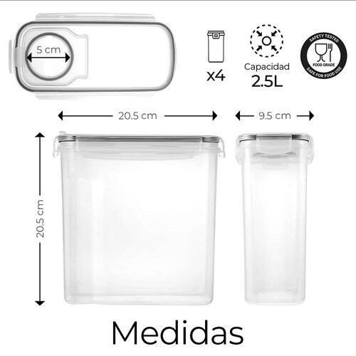 4 Contenedores Herméticos Cereal Multifunción Topper 2.5 L