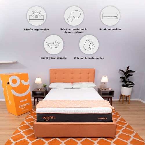 Colchón Queen Size En Caja Roomi Freedom, Tecnología Latex Feel Hyper Soft, Confort Medio