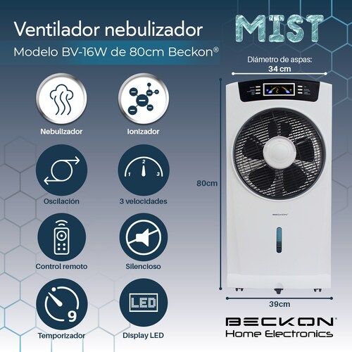 Ventilador hogar Humidificador misting fan Rociador Nebulizador Brisa Agua 80cm Ionizador Purificador de aire Silencioso con Control remoto Beckon.