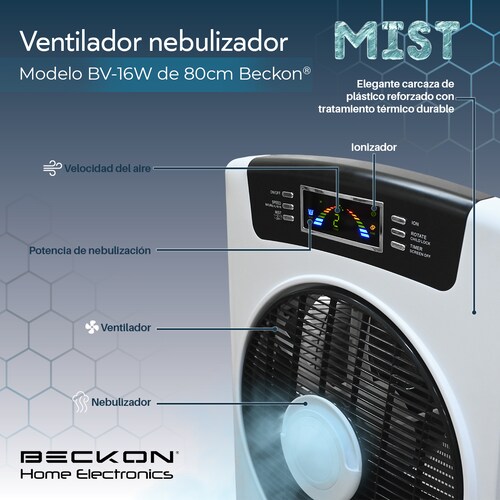 Ventilador hogar Humidificador misting fan Rociador Nebulizador Brisa Agua 80cm Ionizador Purificador de aire Silencioso con Control remoto Beckon.
