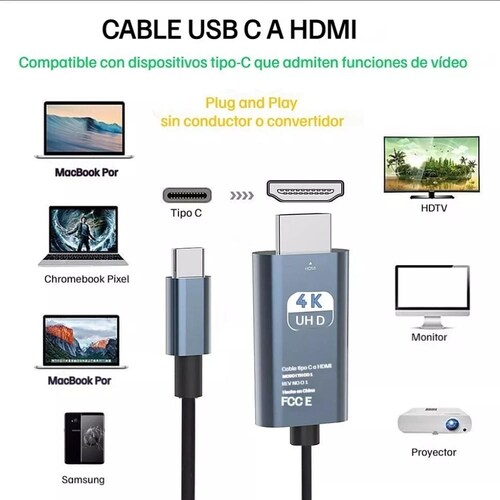 Cable Adaptador Usb Tipo C A Hdmi 4k Gris De 2m