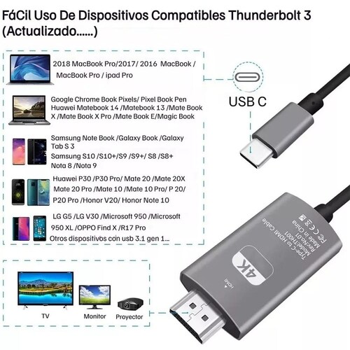 Cable Adaptador Usb Tipo C A Hdmi 4k Gris De 2m