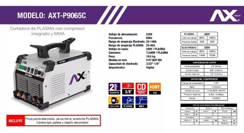 Cortadora De Plasma Con Compresor Integrado Y Mma Axt-p9065c.