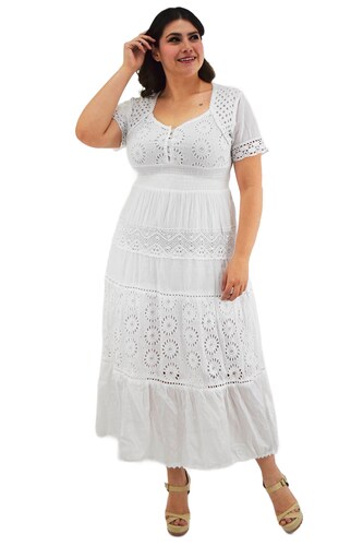 Vestido Boho de algodón /Tallas Extras, 8526 (Blanco) 