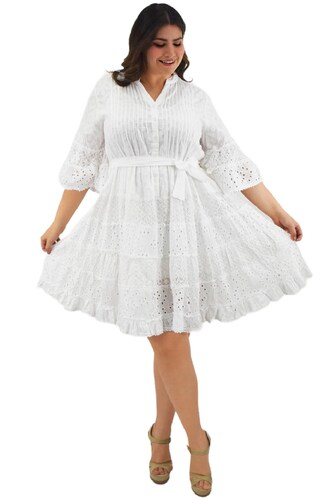 Vestido de algodón con cinto /Tallas Extras, 8541 (Blanco) 