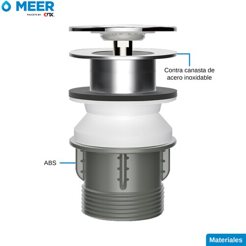 MEER Faucets by CNX | Desagüe Emergente de Acero Inoxidable y ABS con Botón Pop-Up para Lavabos, Cocinas y Bañeras.