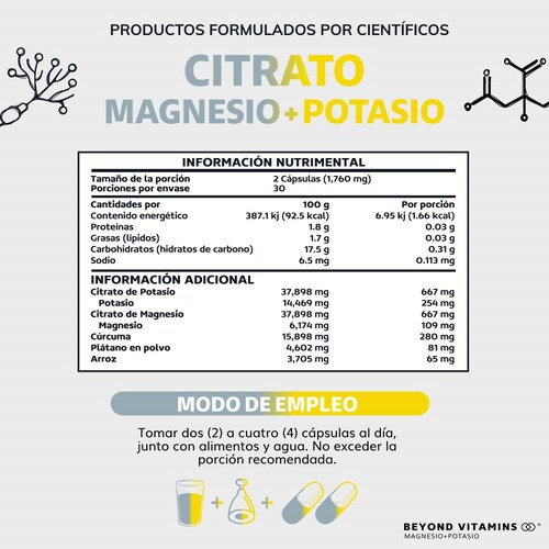Suplemento Alimenticio Beyond Vitamins Citrato de Magnesio + Potasio 60 cápsulas