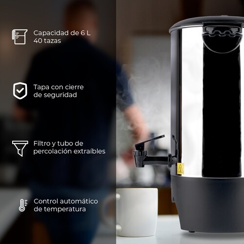 Cafetera eléctrica urna DAEWOO 6L 40 tazas acero inoxidable potencia de 1000W