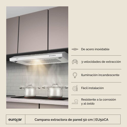 Campana Extractora De Pared 50 CM 3 Velocidades  Eurogar EU50CA-Plata