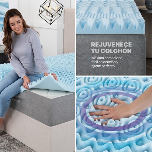 Colchoneta Matrimonial de Memory Foam Cubre Colchón Topper con 7 Zonas de Confort Sobrecolchón Azul ESQUIMAL.