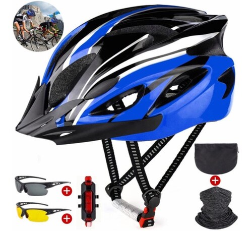 Casco De Bicicleta Unisex+ Luz De Bicicleta+mascara+gafas Azul/Negro