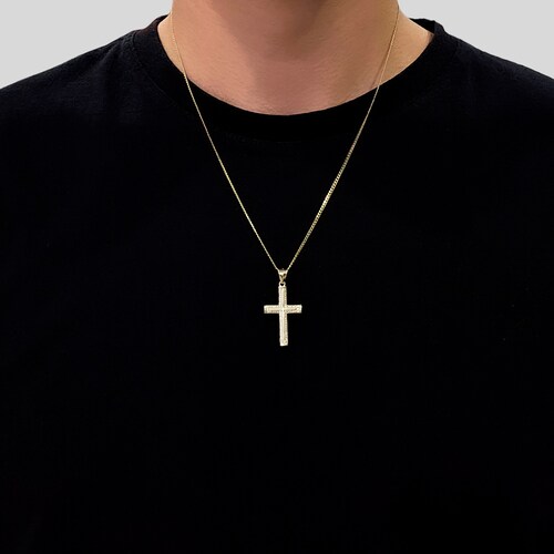Collar Cruz Oro 10k Hombre de Piedra zirconia cadena barbada.