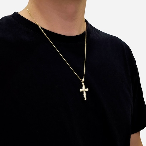 Collar Cruz Oro 10k Hombre de Piedra zirconia cadena barbada.