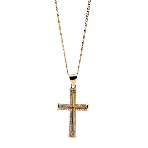Collar Cruz Oro 10k Hombre de Piedra zirconia cadena barbada.