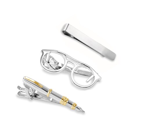 Set de 3 Pisacorbatas Hipster de 4.7 CM Lentes, Pluma Fuente y Liso de Acero Inoxidable by Puentes Denver.