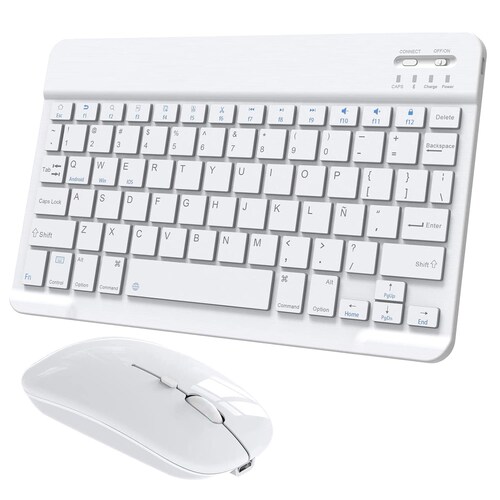 Teclado + Ratón Bluetooth Inalámbrico Recargable para Tablet Tamaño 10 Pulgadas (Blanco).