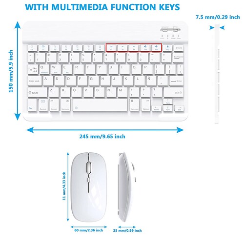 Teclado + Ratón Bluetooth Inalámbrico Recargable para Tablet Tamaño 10 Pulgadas (Blanco).