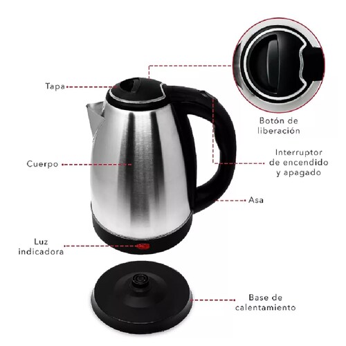 Tetera Cafetera Hervidor Electrico 2L de Agua 900 W de Acero Inoxidable.