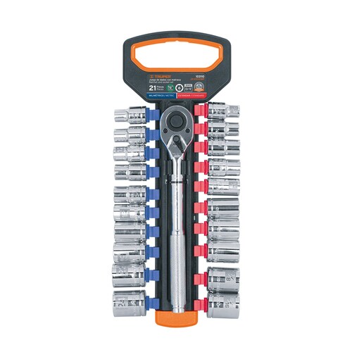Juego de dados mm y std con matraca, cuadro 1/2, Trupper