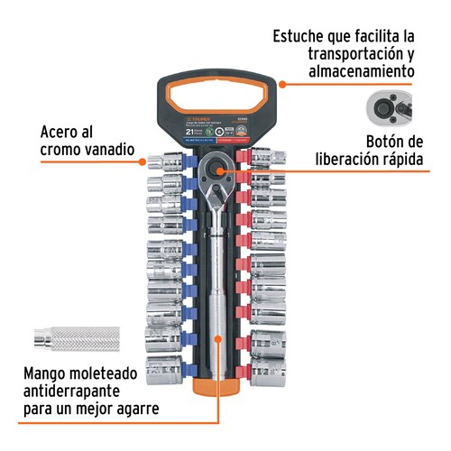 Juego de dados mm y std con matraca, cuadro 1/2, Trupper