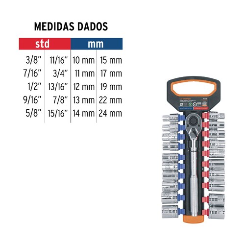 Juego de dados mm y std con matraca, cuadro 1/2, Trupper