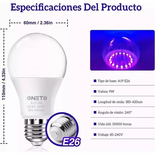 Foco Luz Negra Led Uv Fluorescente Para Fiesta 9w 4 Piezas