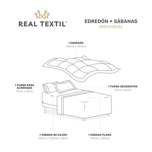 Set Edredón Individual con Fundas y Sábanas 5 Pzas Khaki / Beige Real Textil.