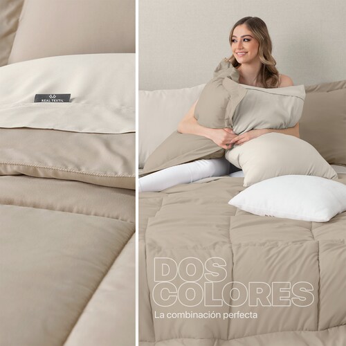Set Edredón Individual con Fundas y Sábanas 5 Pzas Khaki / Beige Real Textil.