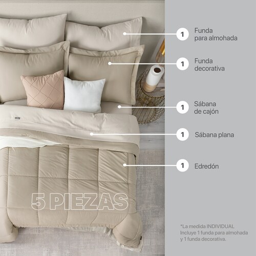 Set Edredón Individual con Fundas y Sábanas 5 Pzas Khaki / Beige Real Textil.