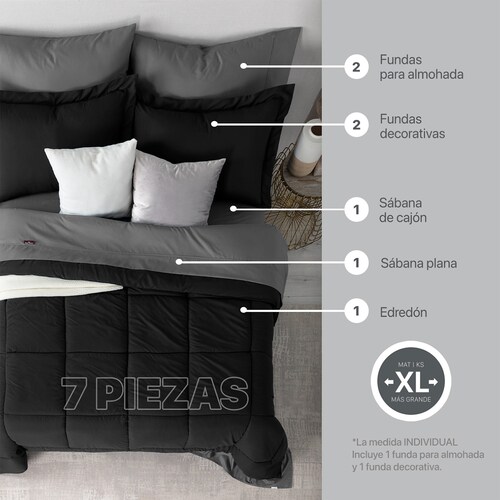 Set Edredón Matrimonial con Fundas y Sábanas 7 Pzas Negro / Gris Real Textil.