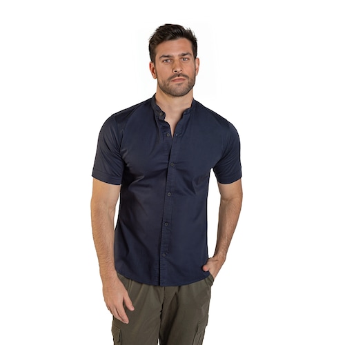 Camisa Manga Corta Para Hombre Cuello Mao Color Azul Marino
