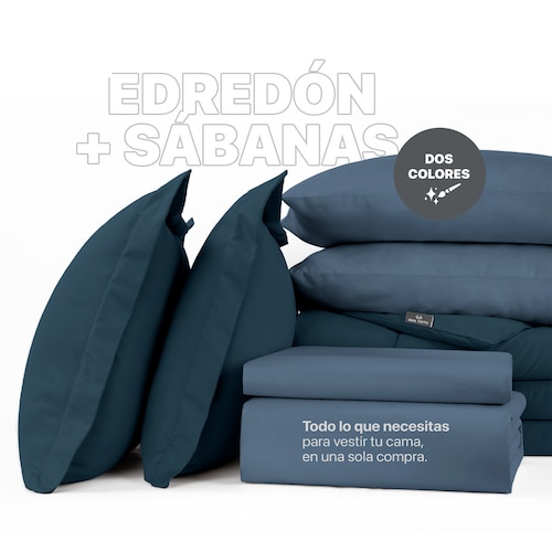 Set Edredón Matrimonial con Fundas y Sábanas 7 Pzas Azul Marino / Azul Índigo Real Textil.