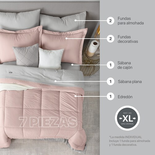 Set Edredón Queen Size con Fundas y Sábanas 7 Pzas Rosa / Gris Real Textil.