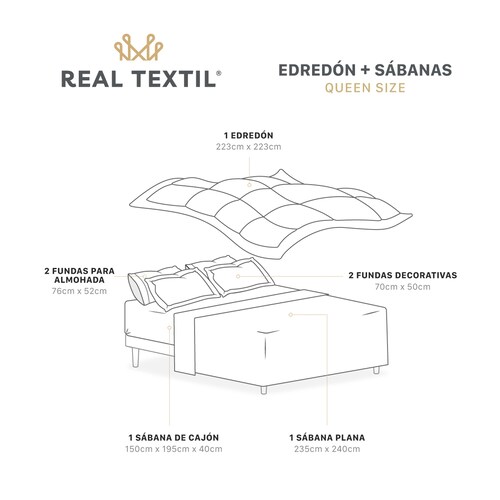 Set Edredón Queen Size con Fundas y Sábanas 7 Pzas Rosa / Gris Real Textil.