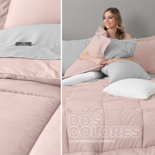 Set Edredón Queen Size con Fundas y Sábanas 7 Pzas Rosa / Gris Real Textil.