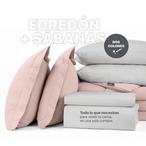 Set Edredón Queen Size con Fundas y Sábanas 7 Pzas Rosa / Gris Real Textil.